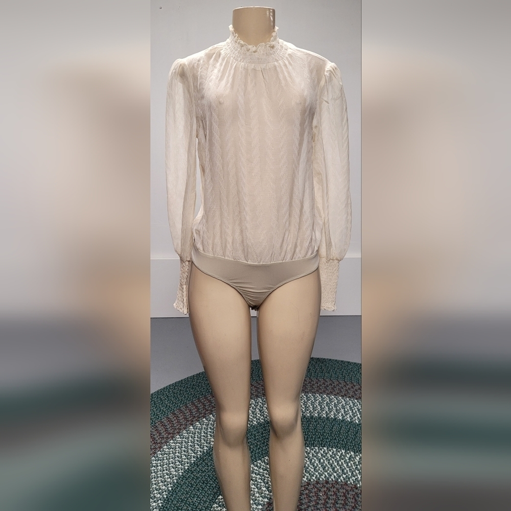 Fashion Nova M Sheer Cream Bodysuit